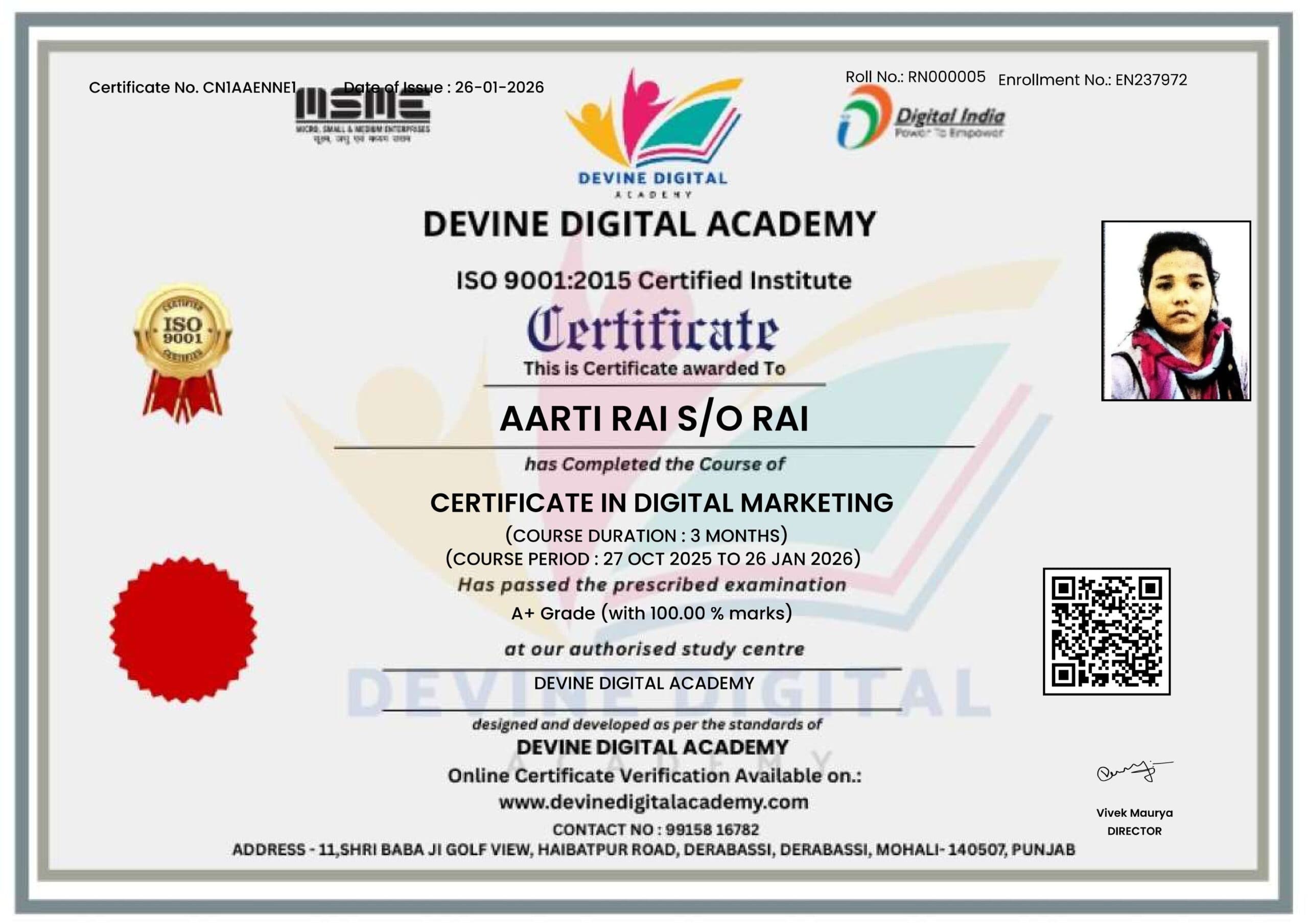 Devine Digital Academy Certificate Sample